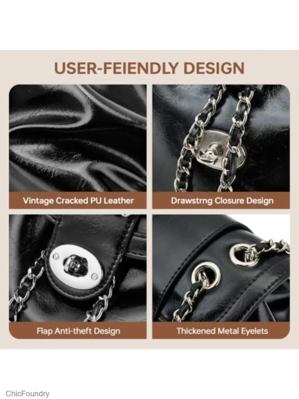 Women's Vegan Leather Mini Backpack Purse with Chain Strap
